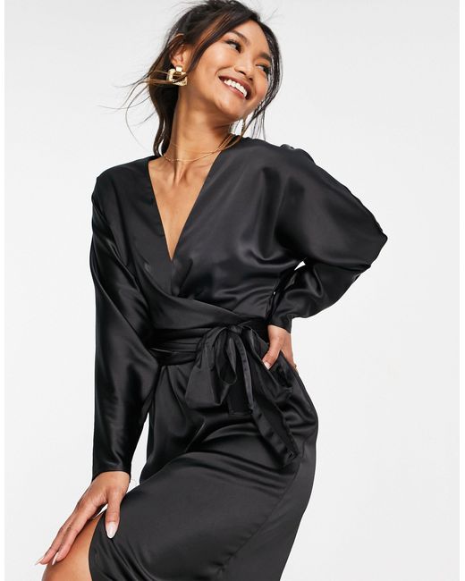 ASOS Black Satin Midi Dress With Batwing Sleeve And Wrap Waist