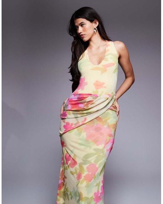 ASOS Multicolor Mesh Plunge Neckline Maxi Dress With Wrap Sash Detail