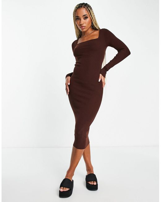 ASOS Knitted Midi Dress With Open Back And Ruched Detail in Brown Lyst UK