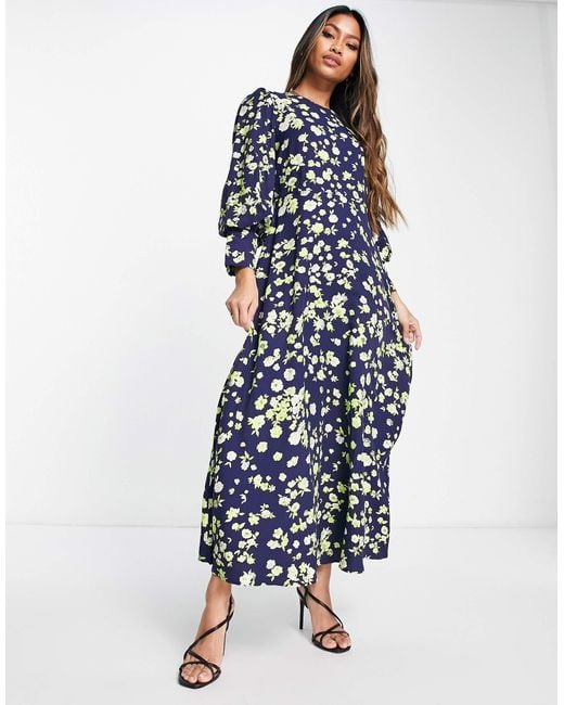 SELECTED Blue Femme Floral Volume Sleeve Maxi Dress