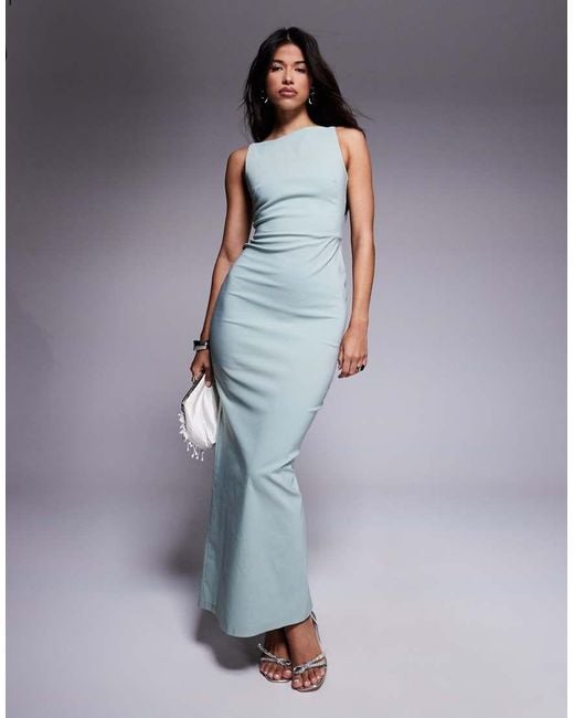 Vesper Blue Bengaline High Neck Open Back Maxi Dress