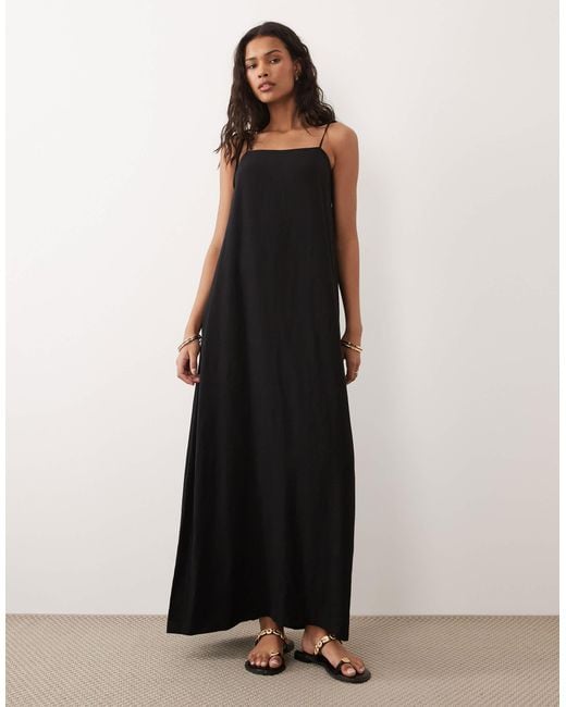 asos black linen dress ASOS DESIGN linen look low back drop waist maxi dress in black