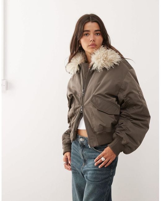Weekday Brown Bomber Jacket With Faux Fur Collar