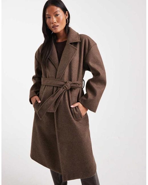 Brave Soul Brown Petite Faux Wool Longline Belted Overcoat