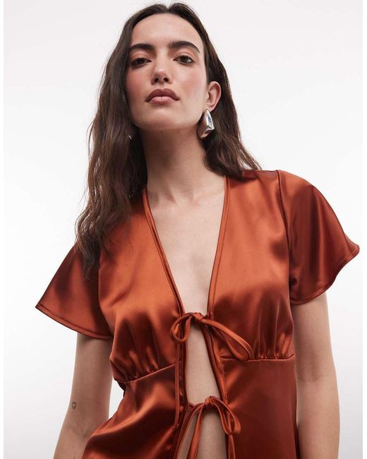 Reclaimed Vintage Red Satin Tie Front Top