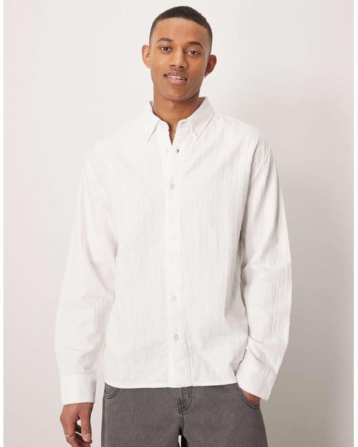 Abercrombie & Fitch White Textured Long Sleeve Relaxed Shirt for men