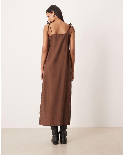 ASOS Brown Cami Square Neck Crinkle Satin Lace Detail Maxi Dress
