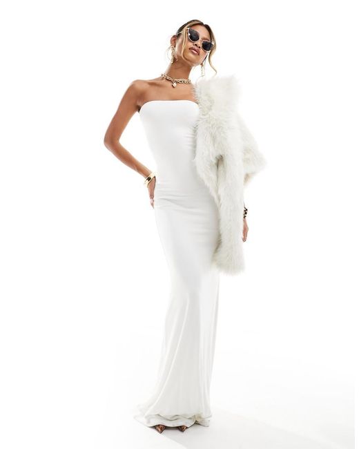 Naked Wardrobe White Double Layered Sculpted Bandeau Maxi Dress