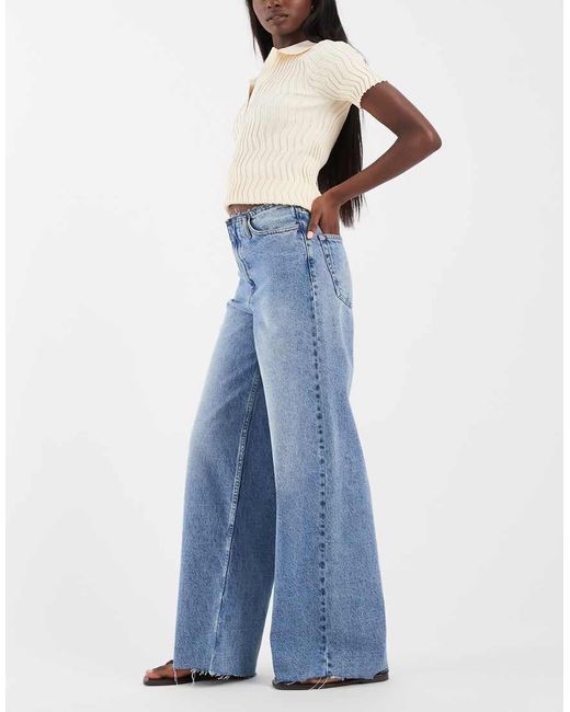 ASOS Blue Low Rise Raw Waistband Straight Leg Jeans