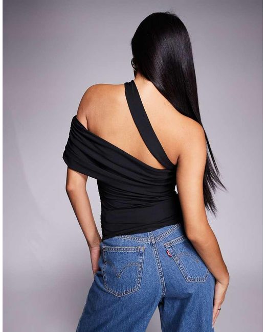ASOS Blue Slinky One Shoulder Fold Over Bardot Top
