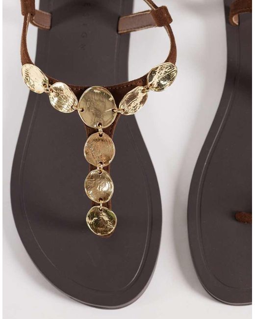 ASOS Brown Fortuna Toe Post Flat Sandals With Coins