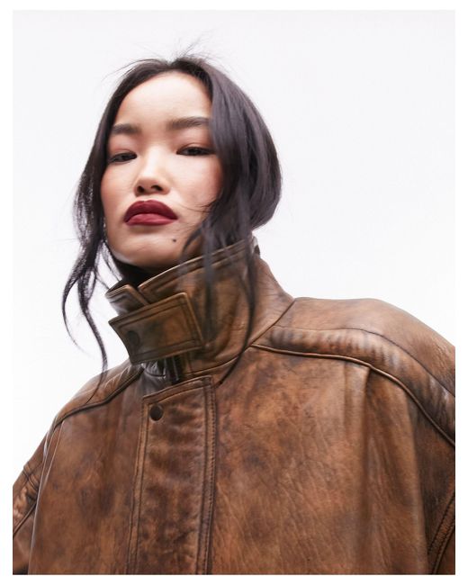 TOPSHOP Brown Premium Real Leather Oversized Bomber Jacket