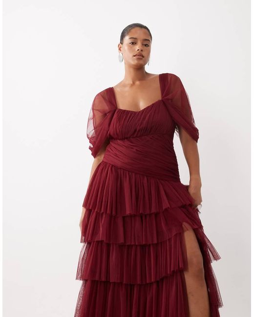 Lace & Beads Plus Red Tulle Fallen Shoulder Asymmetric Ruffle Detailing Maxi Dress