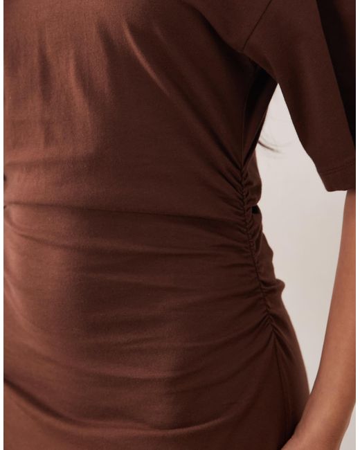 ASOS Brown Short Sleeve V Neck Midaxi Ruched T Shirt Dress With Split