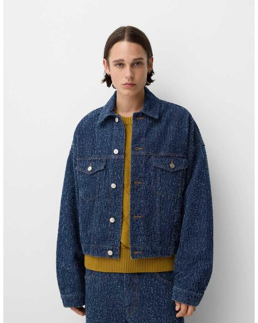 Bershka Blue Collection Textured Denim Co-Ord Jacket for men