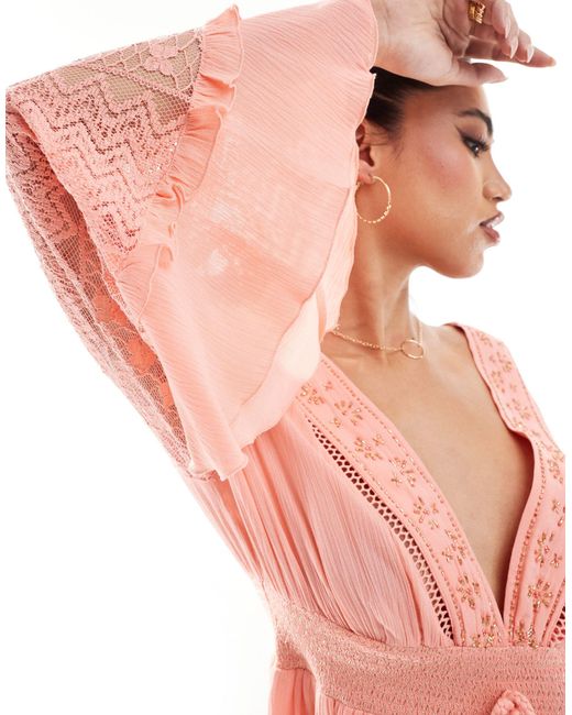 River Island Pink Plunge Angel Sleeve Mini Dress