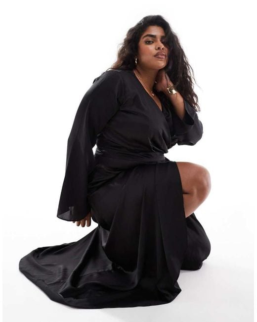 Tfnc Plus Black Satin Long Sleeve Wrap Maxi Dress
