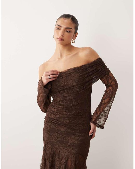 ASOS Brown Off The Shoulder Long Sleeve Lace Maxi Dress
