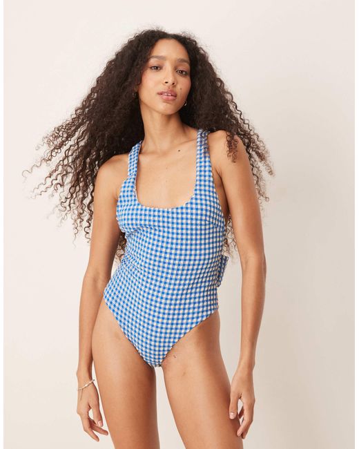 ASOS Blue Seersucker Scoop Swimsuit With Giant Bow Back Detail