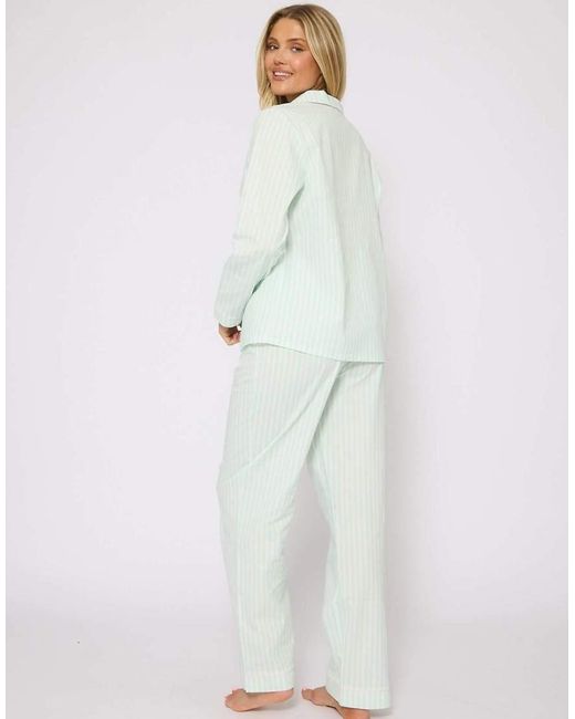 Loungeable White Striped Long Sleeved Traditional Pyjama Set With Bow Detail