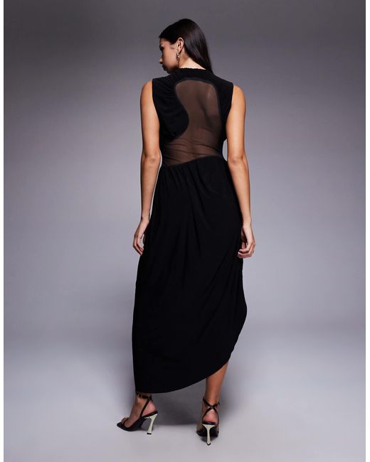 ASOS Black Midi Dress With Cowled Skirt And Mesh Cut Out Detailing