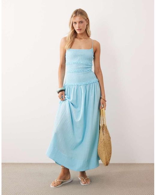 ASOS Blue Crinkle Maxi Sundress With Shirred Dropped Waist