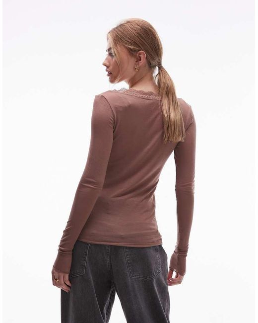 & Other Stories Red Long Sleeve Deep V-neck Lace Trim Top