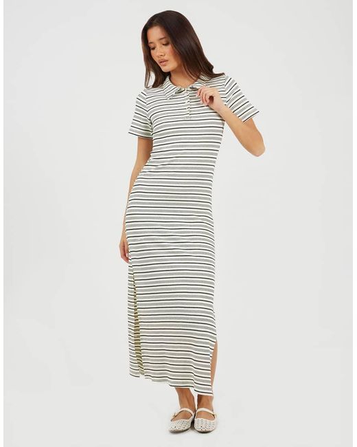 Brave Soul White Striped Collared Maxi Dress With Split Detail
