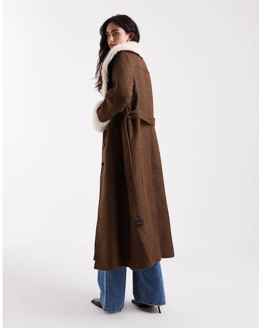 ASOS White Textured Longline Penny Lane Coat With Faux Fur Trim