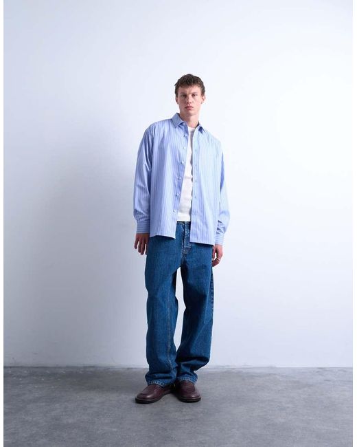 Topman Oversized Gestreept Overhemd in het Blue voor heren