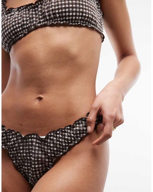 Collusion Brown Gingham Seersucker High Leg Ruffle Bikini Bottoms