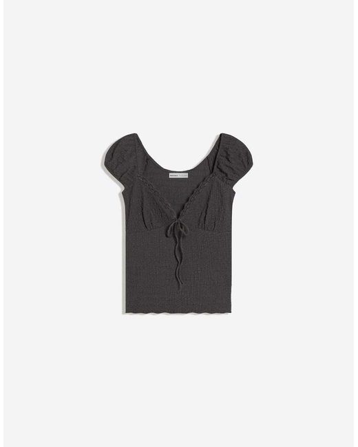 Bershka Gray Short Sleeve Waffle-knit T-shirt