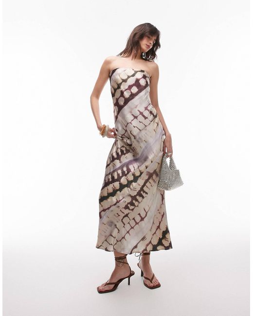 TOPSHOP White – trägerloses maxi-schlupfkleid aus satin mit abstraktem animalprint