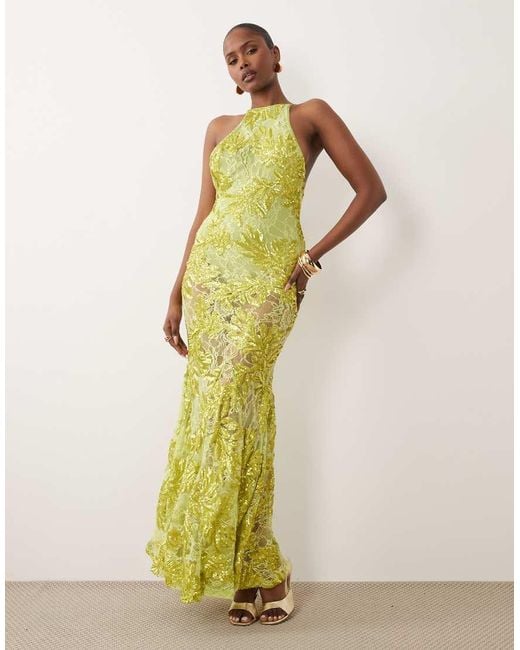 ASOS Green Embellished Lace High Neck Maxi Dress With Full Godet Hem
