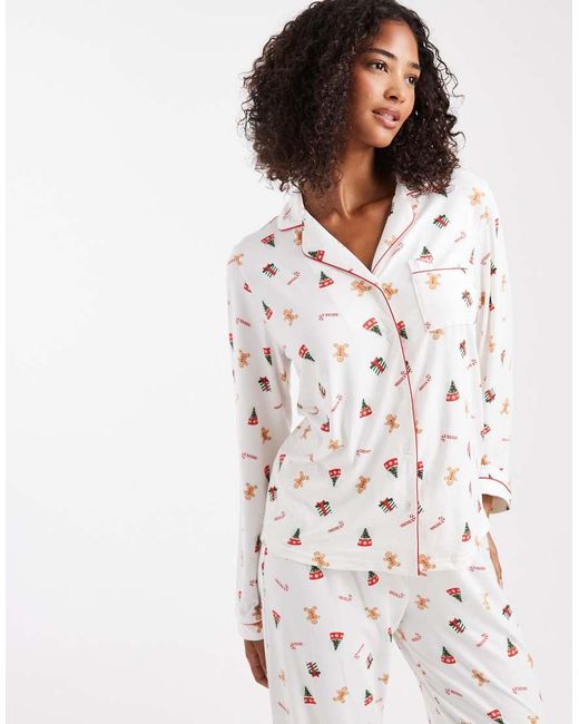 Loungeable White Christmas Super Soft Jersey Revere Top And Wide Leg Pyjama Set