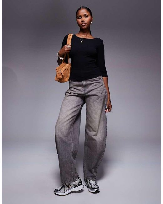 Top Con Mangas 3/4 Y Cuello Recto De Tejido Rico En Algodón Elaia De Princess Polly de color Blue