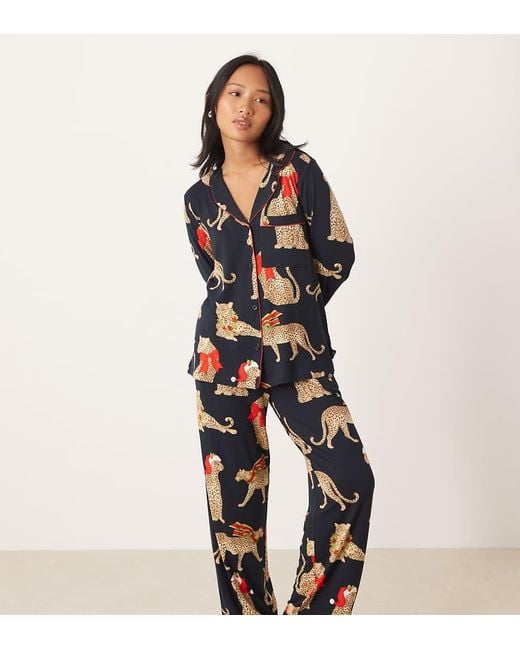 Chelsea Peers Blue Poly Long Sleeve Revere Pyjama Set