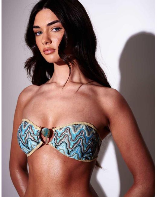 South Beach Multicolor Crochet Bandeau Bikini Set With Decal And Metallic Trim