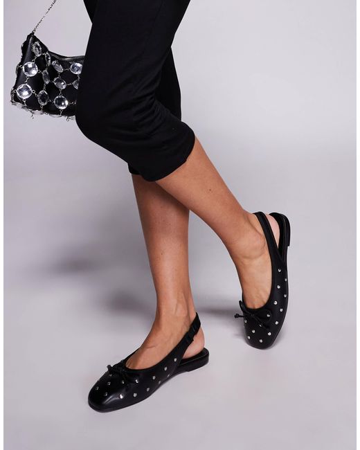 Public Desire Black Bia Sling Back Ballet Flats With Flat Studs