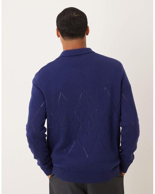 ASOS Blue Relaxed Knitted Pointelle Button Through Polo for men