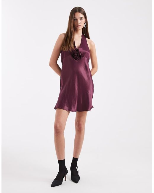 Miss Selfridge Purple Satin Corsage Halter Mini Dress