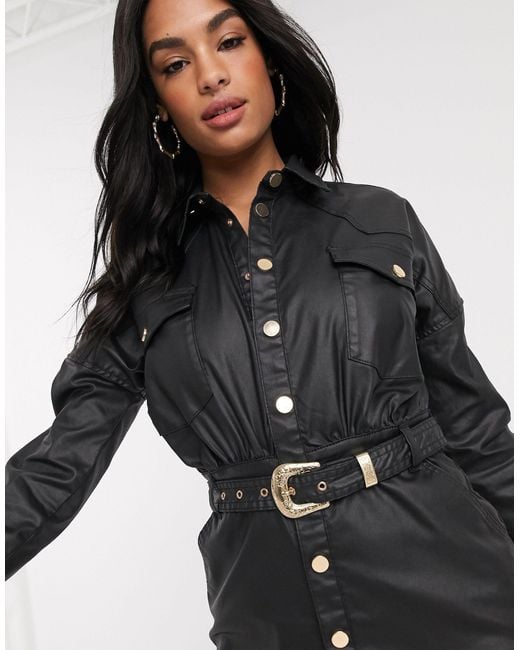 River Island Coated Denim Belted Shirt Dress in Black | Lyst UK