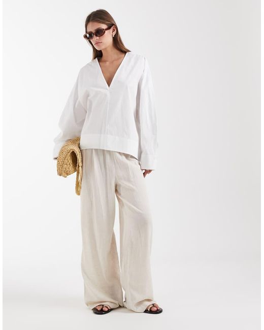 & Other Stories White Pure Cotton Poplin V Neck Balloon Shape Blouse