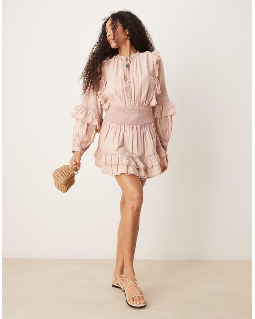ASOS Mini Jurk Van Voile Met Gesmokte Taille En Ruches in het Pink