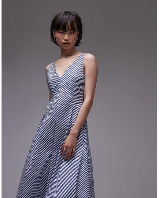 Vestido Midi A Rayas Azules Con Cuello De Pico De Algodón De Mango de color Gray