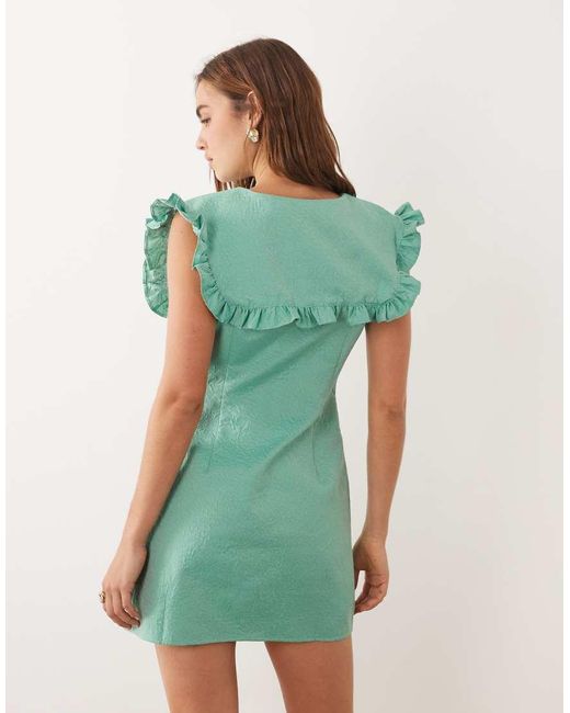 Ghospell Green Jacquard Oversized Ruffle Trim Collar Sleeveless Mini Dress