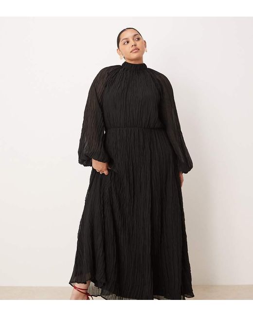 ASOS Black Asos Design Curve Crinkle Pleat Blouson Sleeve High Neck Maxi Dress