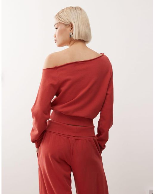 Collusion Red Washed Off Shoulder Sweatshirt Washed Co-ord