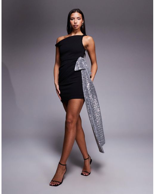 ASOS Blue Crepe Twisted Off The Shoulder Mini Dress With Silver Sequined Bow Side Detail