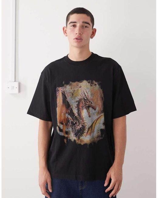 Weekday Black Relaxed Oversized Fit T-shirt With Vintage Dragon Print for men
